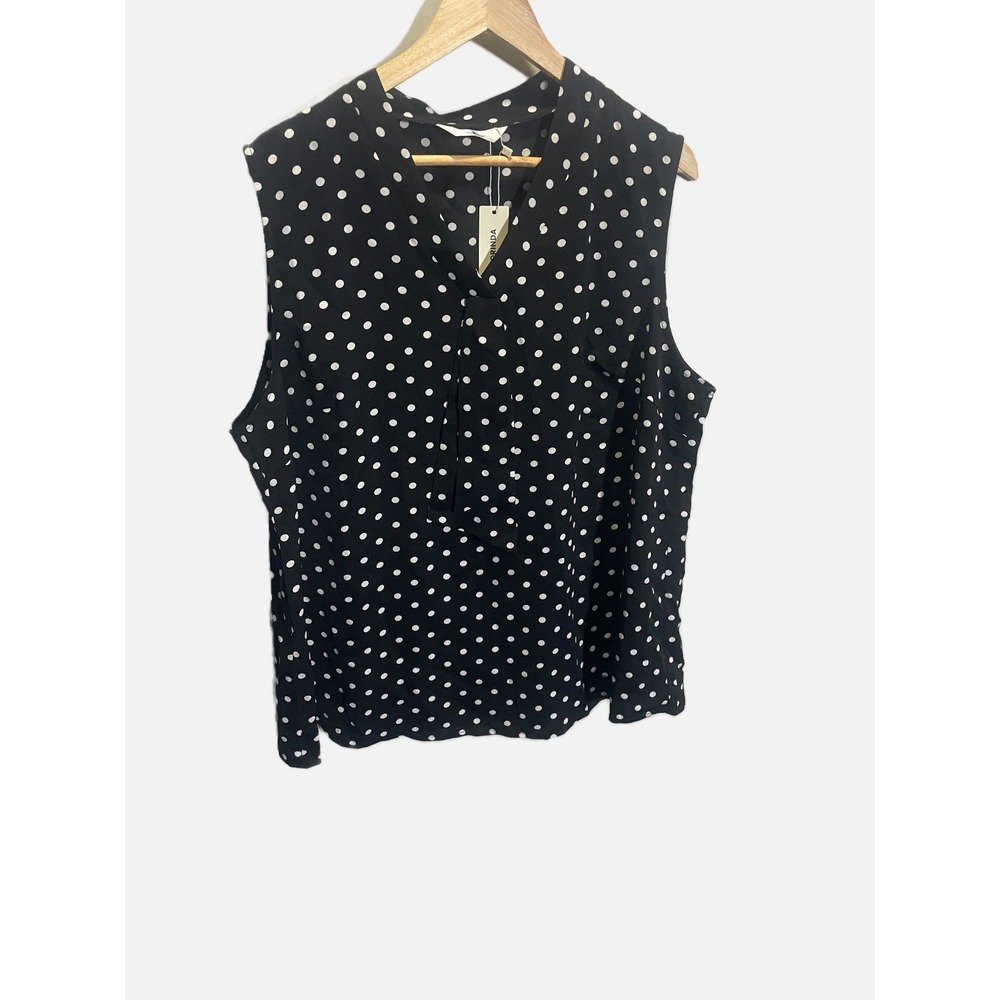 Agnes Orinda Polka Dot Blouse‎ Women 2X Black Tie Neck Sleeveless Retro Office